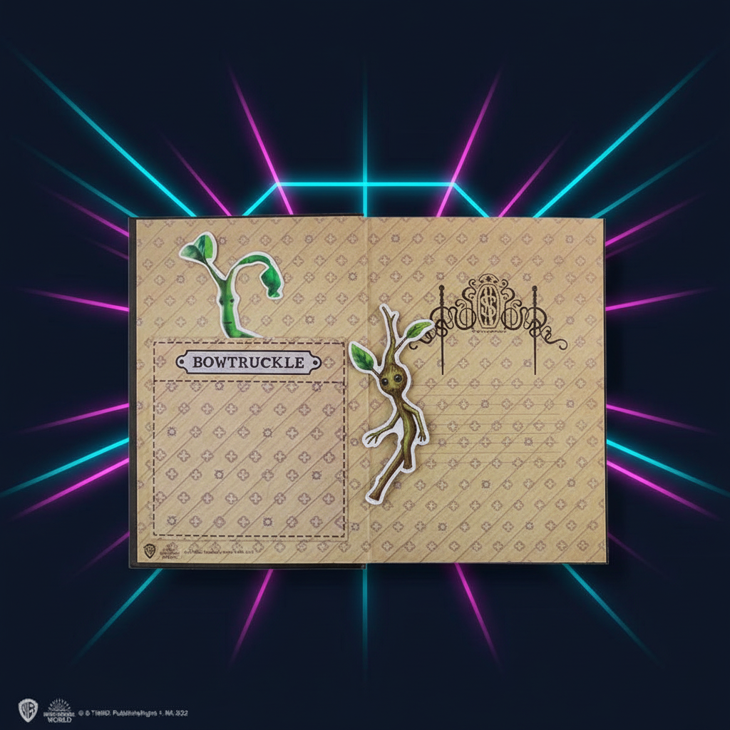 Carnet Animaux Fantastiques Newt Scamander pages intérieures Bowtruckle sur fond néon