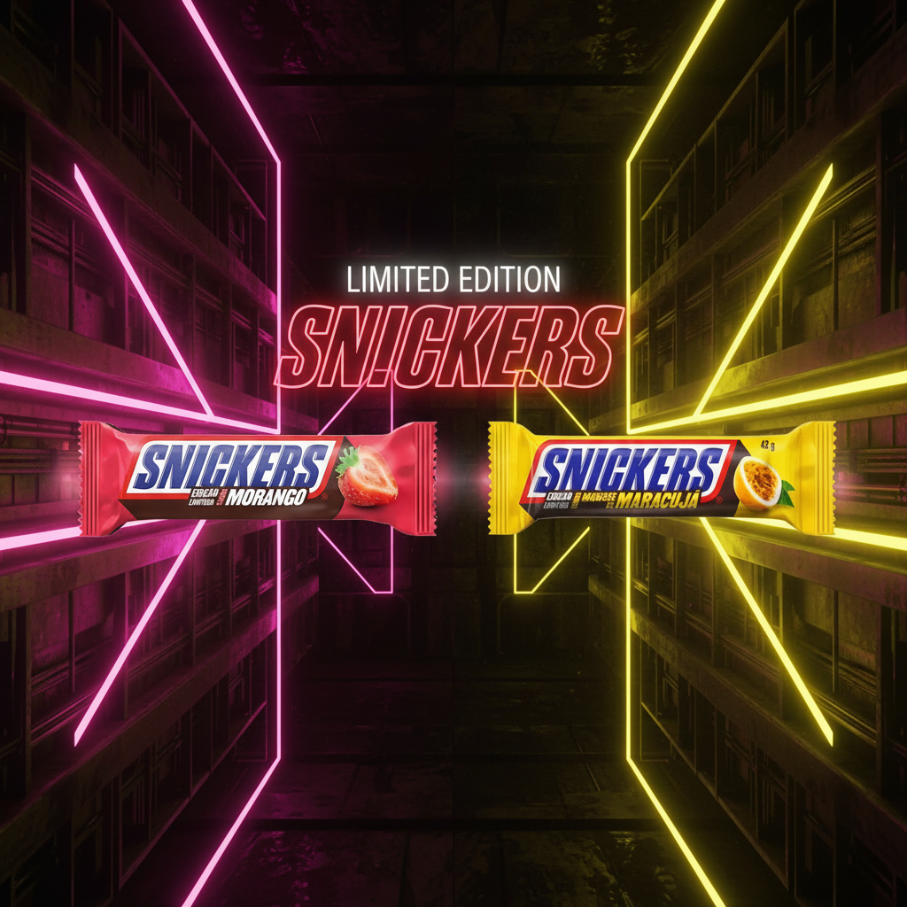 Snickers Duo Morango & Maracujá – Visuel Neon Futuriste