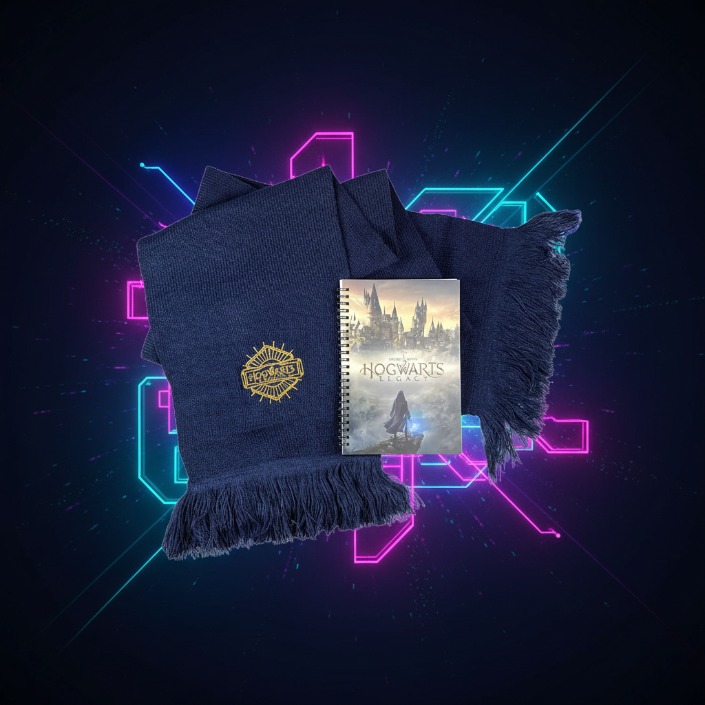 Écharpe et carnet Hogwarts Legacy sur fond néon gaming