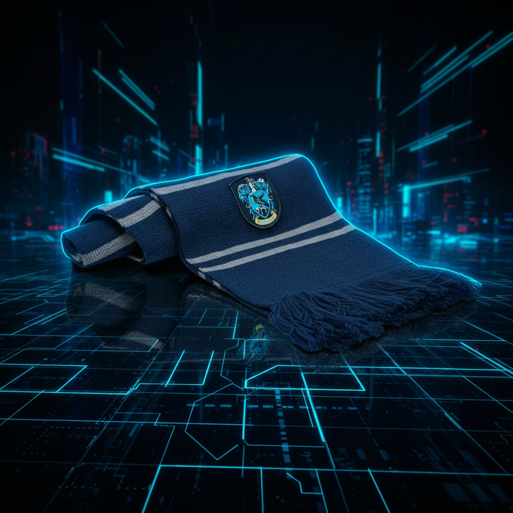 Écharpe tricotée Harry Potter Serdaigle bleu marine et gris avec blason, style néon futuriste