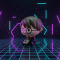 Tirelire chibi Harry Potter tenant une Chocogrenouille, style néon futuriste cyberpunk