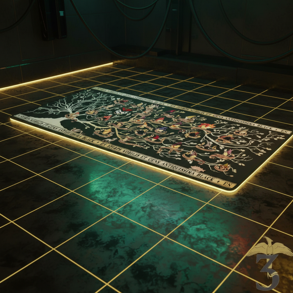 Tapis de bureau XXL arbre généalogique Famille Black, vue de dessus, style néon futuriste
