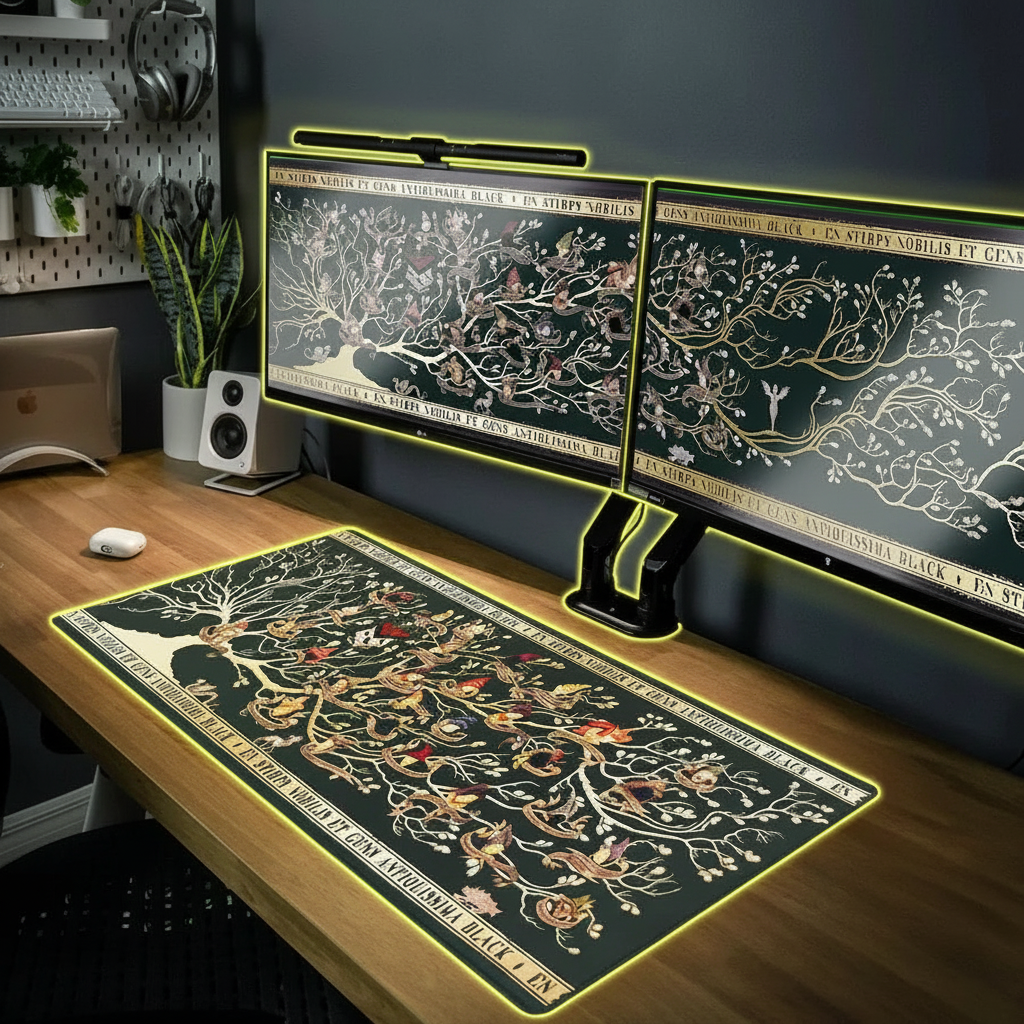 Tapis de bureau XXL Famille Black sur un bureau gaming avec double écran, style néon futuriste
