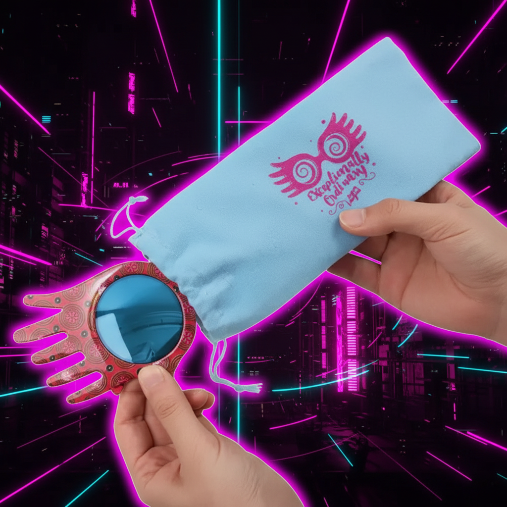 Spectrespecs Luna Lovegood extraites de leur pochette bleue, style néon futuriste cyberpunk