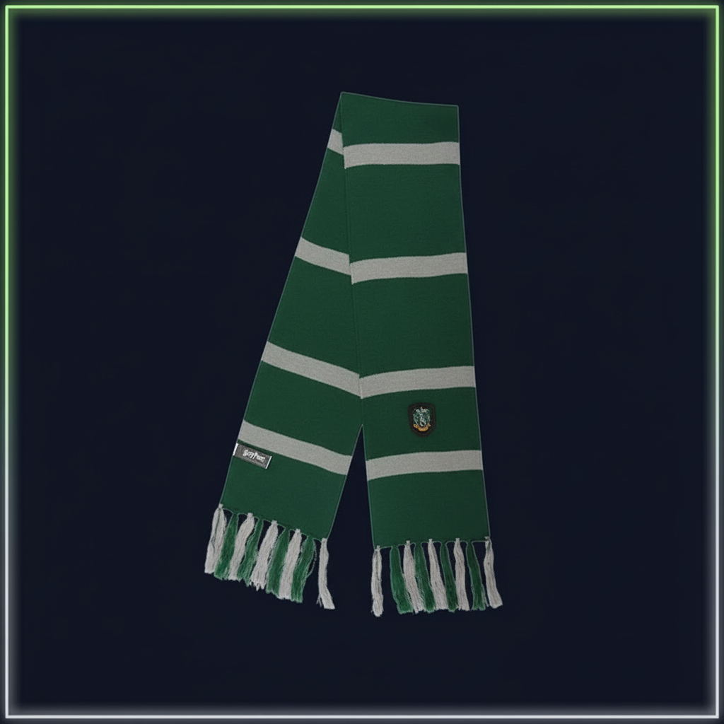 Écharpe Serpentard Harry Potter vert et argent sur fond sombre uni néon