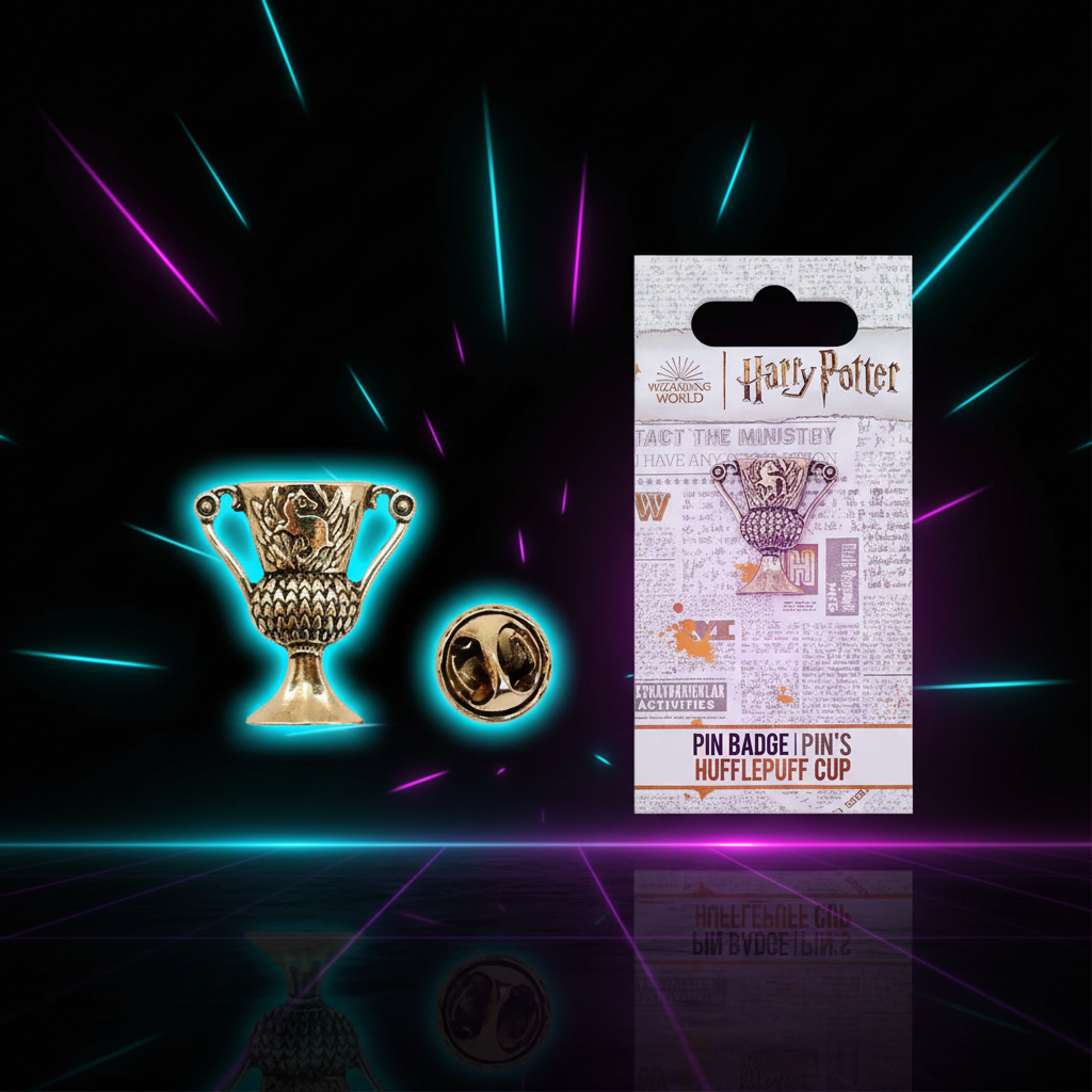 Pin's officiel Coupe Hufflepuff Harry Potter sur fond néon futuriste