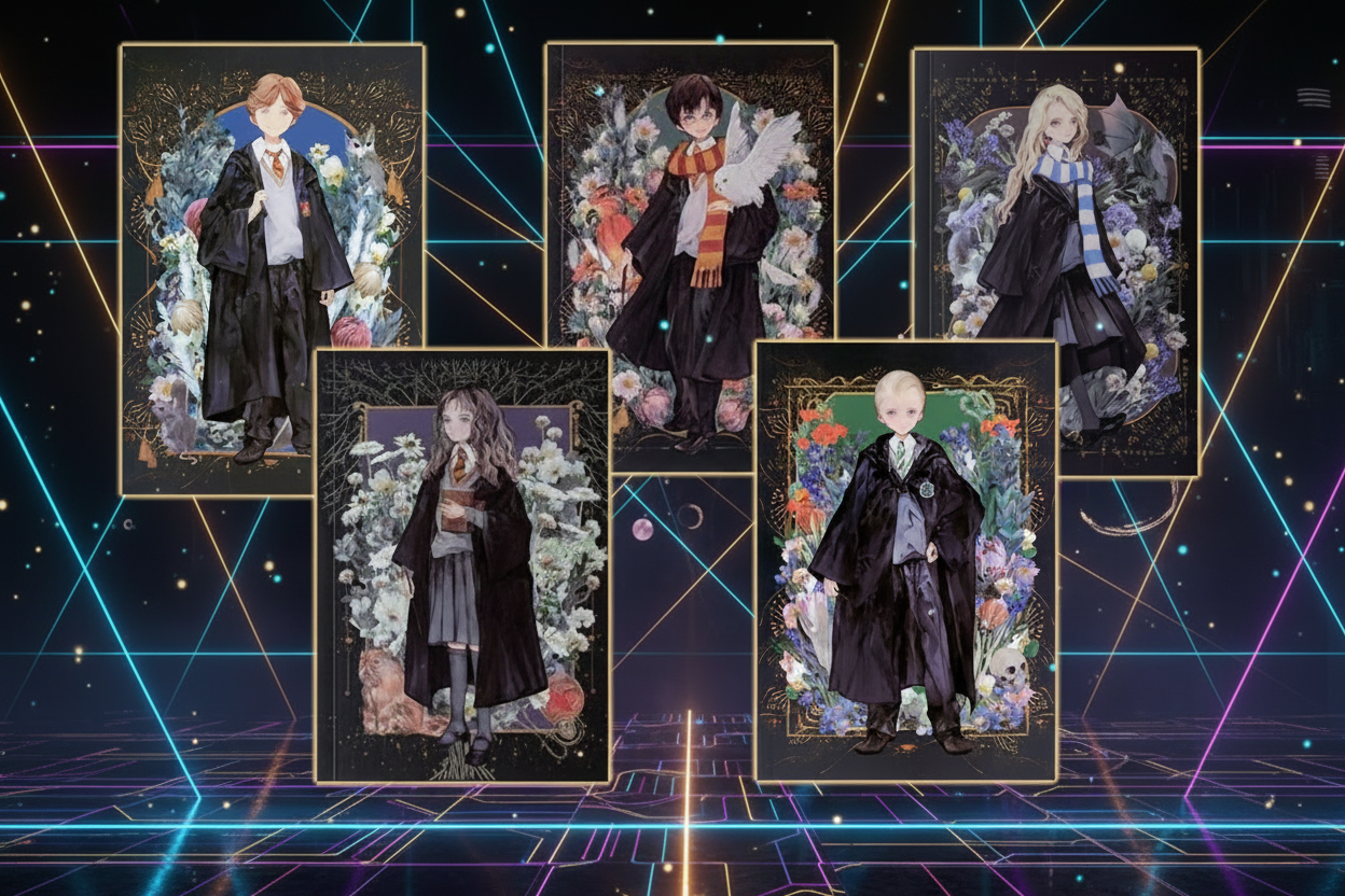 Les 5 carnets souples Harry Potter (Harry, Hermione, Ron, Luna, Drago) sur fond néon futuriste cyberpunk