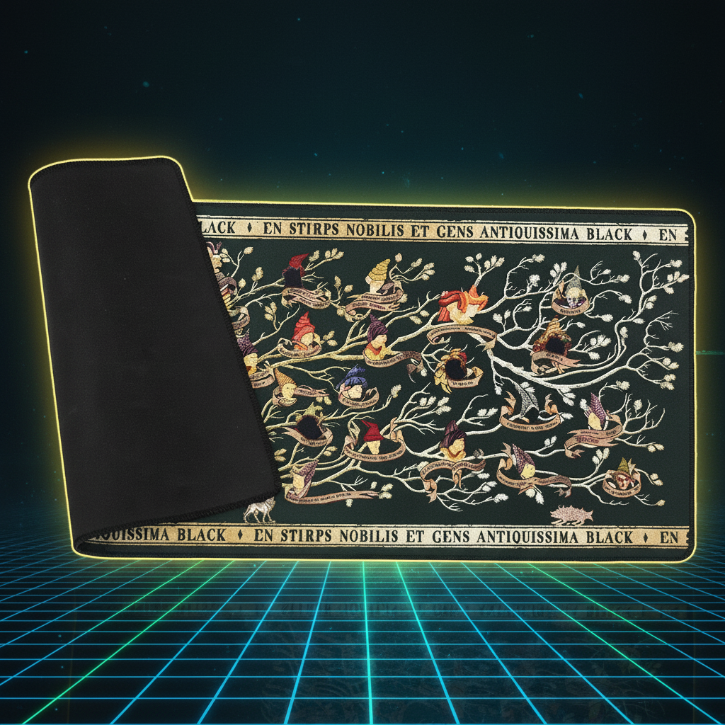 Tapis de bureau XXL Famille Black partiellement roulé montrant la base en caoutchouc, style néon futuriste