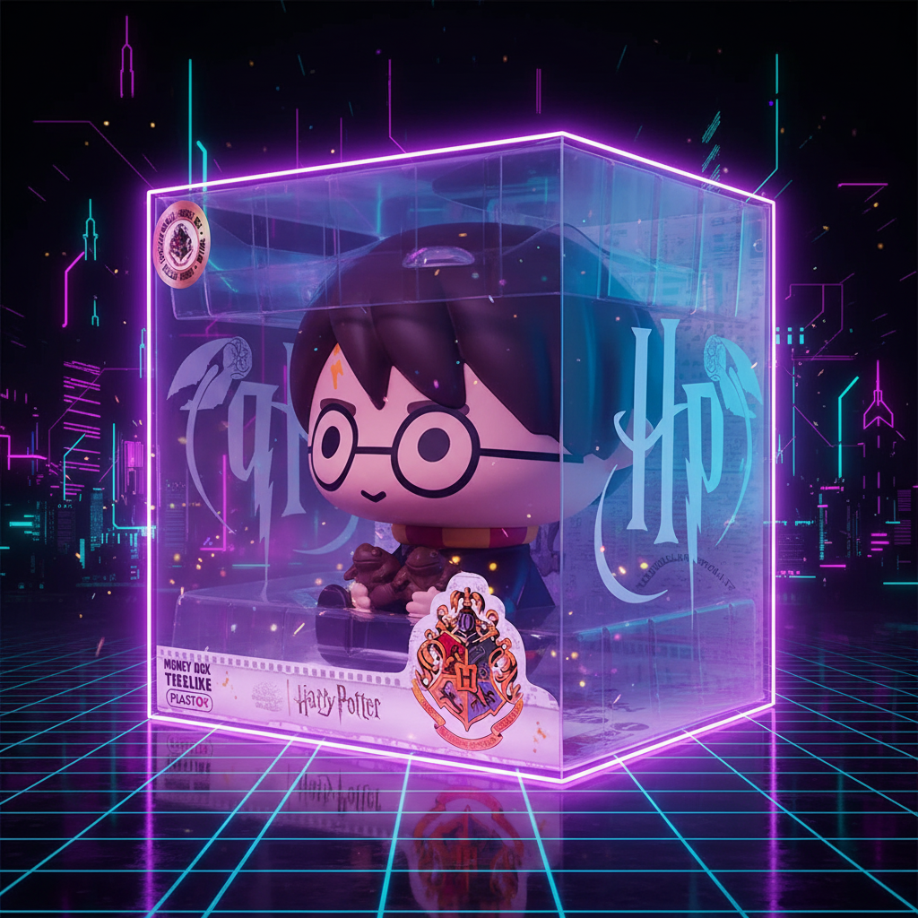 Tirelire Harry Potter Plastoy Chocogrenouille dans sa boîte d'emballage, style néon futuriste cyberpunk