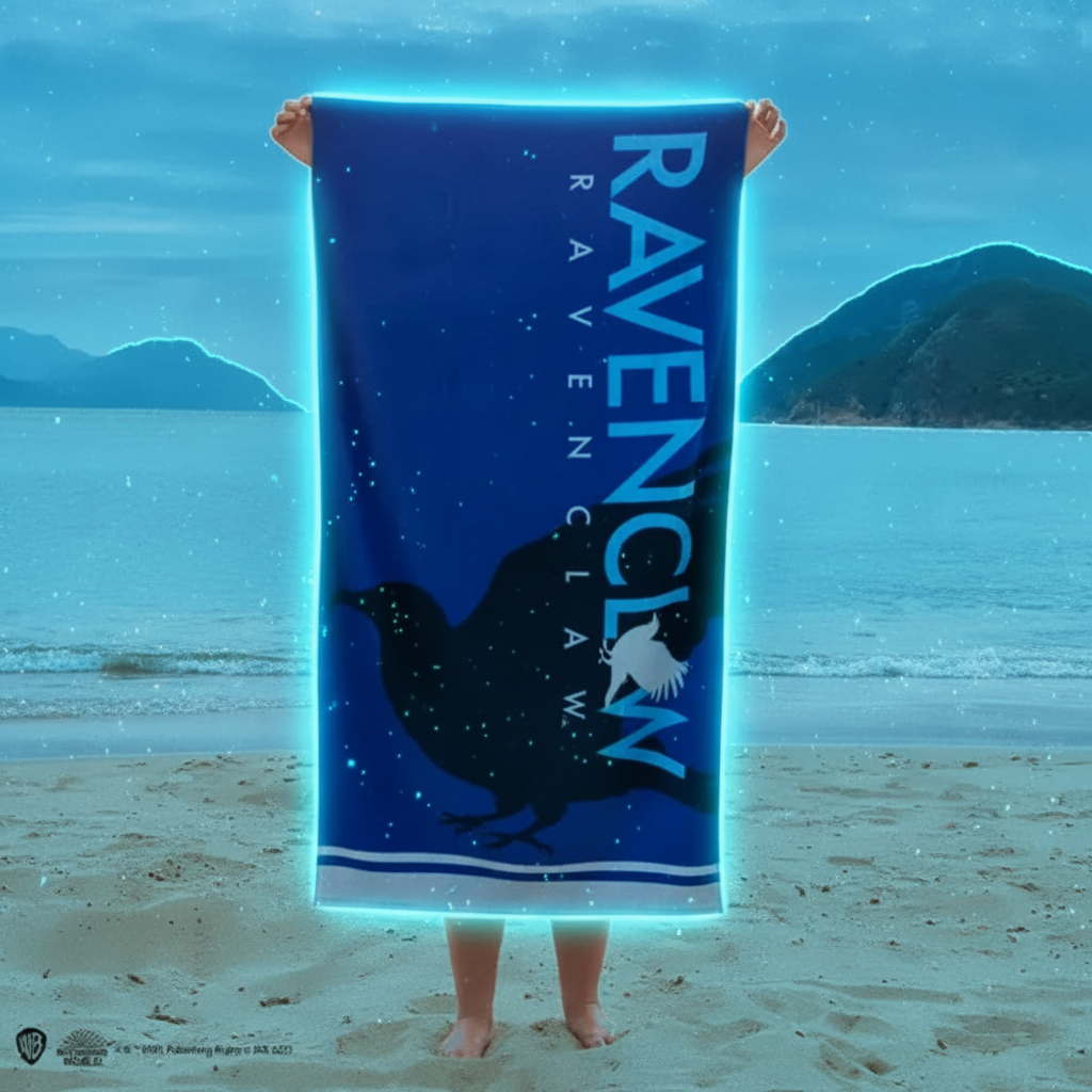 Serviette de plage Serdaigle Harry Potter tenue par une personne sur la plage, style néon futuriste