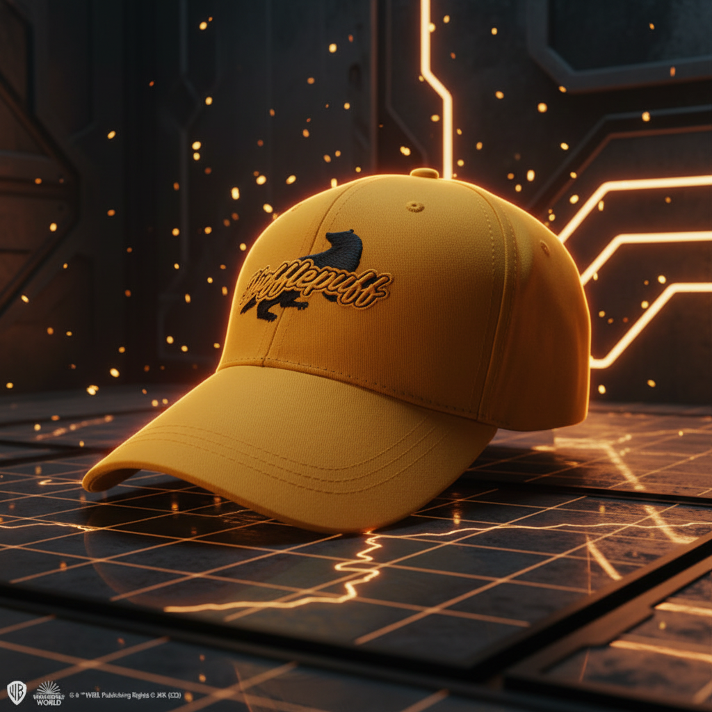 Casquette Poufsouffle Harry Potter vue trois-quarts, style néon futuriste cyberpunk