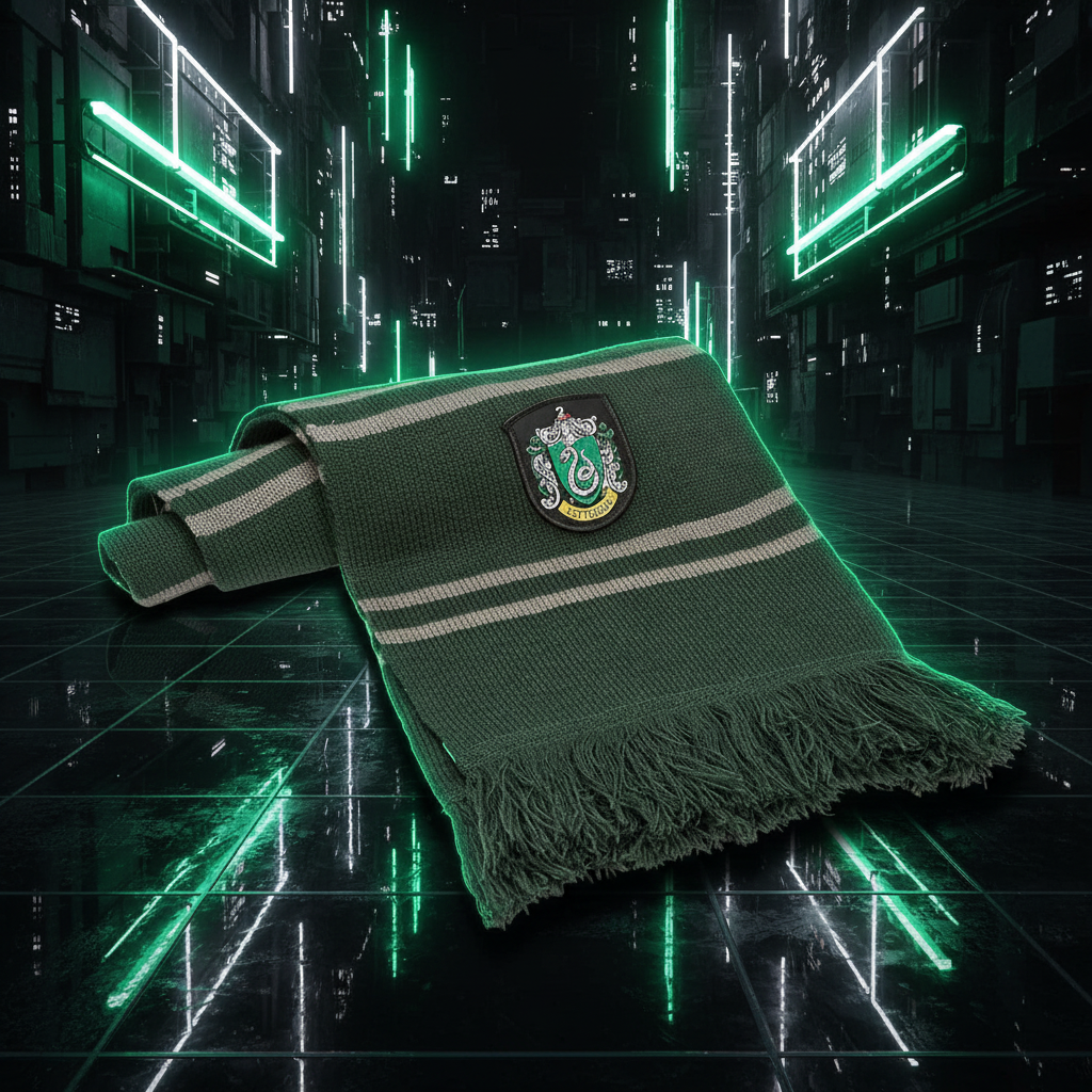Écharpe tricotée Harry Potter Serpentard vert et gris avec blason, style néon futuriste