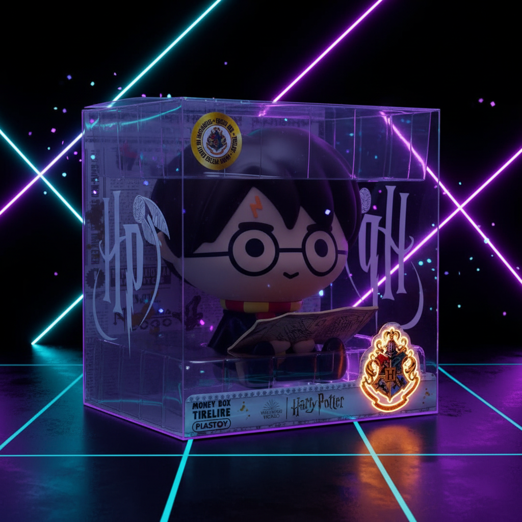 Tirelire Harry Potter Plastoy dans sa boîte d'emballage, style néon futuriste cyberpunk