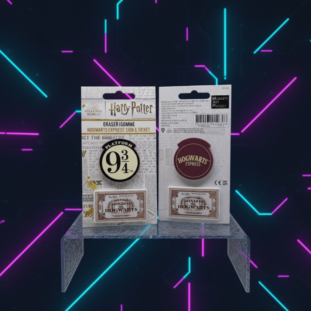 Set de gommes Harry Potter Poudlard Express Quai 9 3/4 sur fond néon gaming
