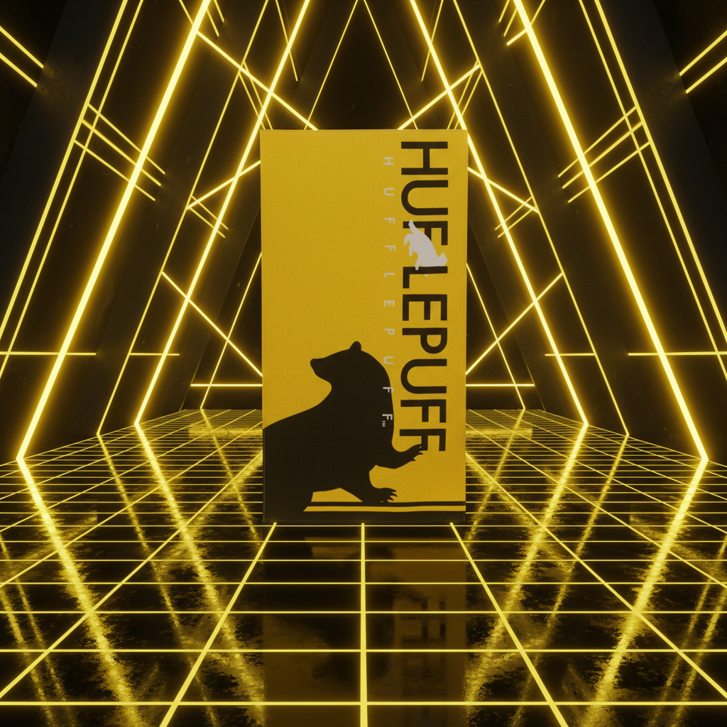Serviette de plage Poufsouffle Harry Potter jaune et noir, vue de dessus, style néon futuriste