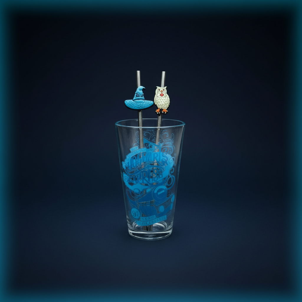 Verre Hogwarts Express et pailles Harry Potter sur fond sombre uni néon