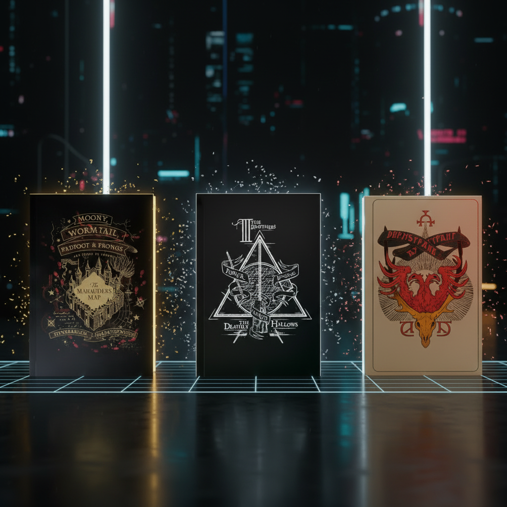 Les 3 carnets souples Harry Potter symboles (Carte du Maraudeur, Reliques de la Mort, Durmstrang) en groupe, style néon futuriste