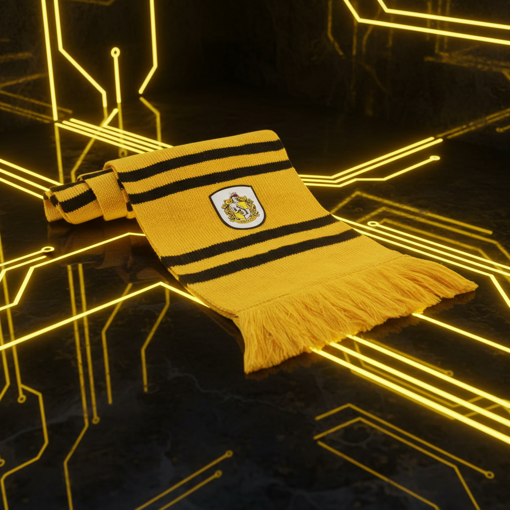 Écharpe tricotée Harry Potter Poufsouffle jaune et noir avec blason, style néon futuriste