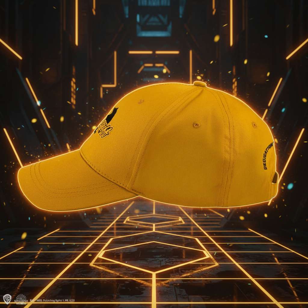 Casquette Poufsouffle Harry Potter vue de profil, style néon futuriste cyberpunk