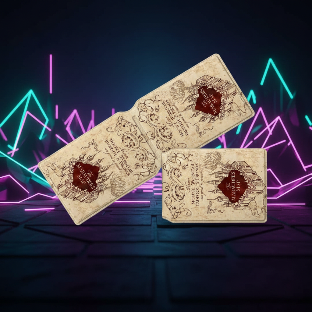 Porte-cartes Harry Potter Carte du Maraudeur vues détail sur fond néon gaming
