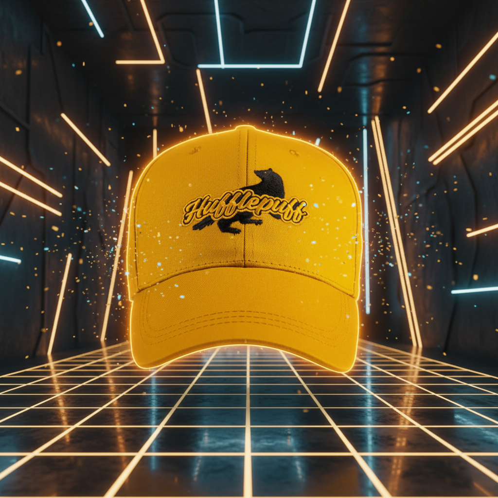 Casquette Poufsouffle Harry Potter vue de face, style néon futuriste cyberpunk