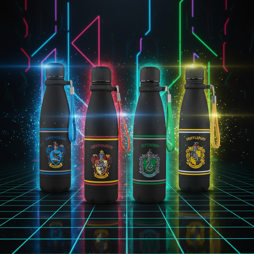 4 bouteilles isothermes Harry Potter noires avec blasons des 4 maisons de Poudlard et dragonnes colorées, style néon futuriste