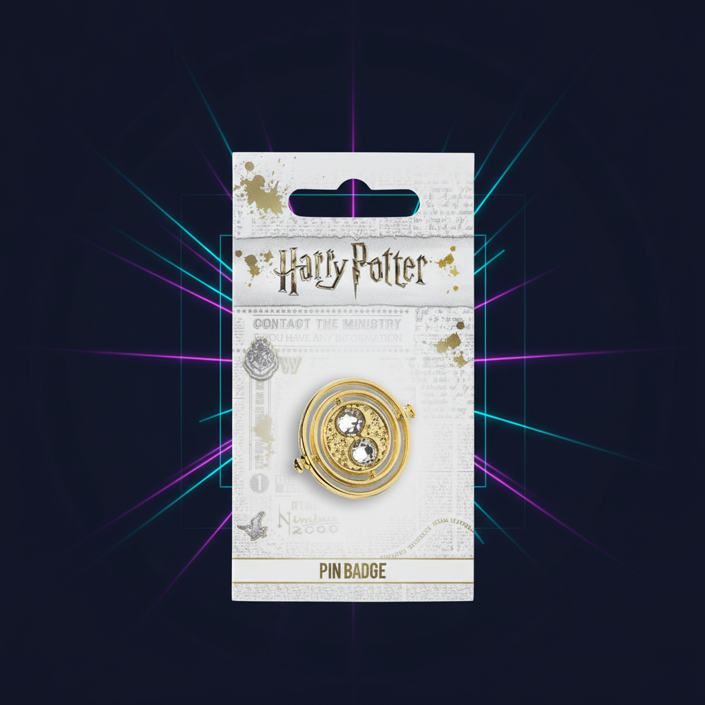 Pin's Harry Potter Retourneur de Temps emballage officiel sur fond néon