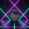 Tirelire chibi Harry Potter tenant la Carte du Maraudeur, style néon futuriste cyberpunk