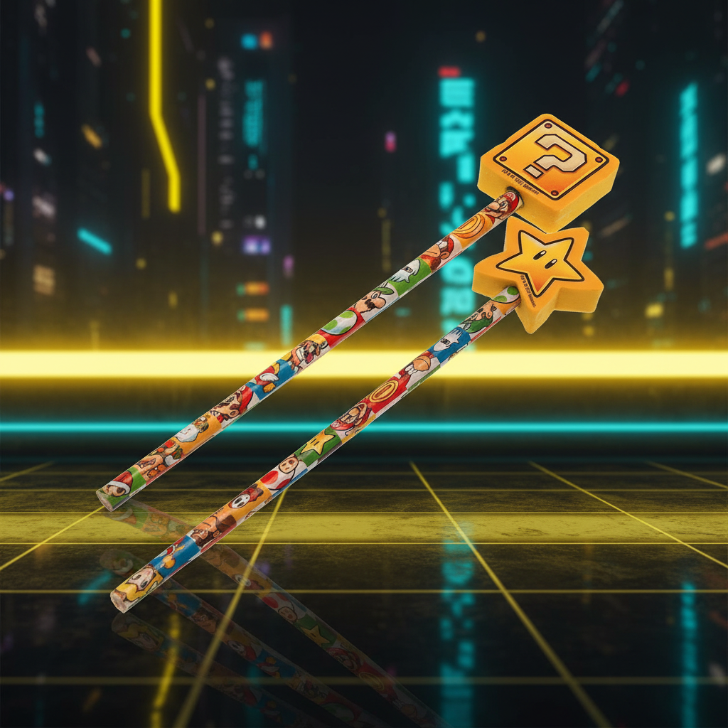 Set Papeterie Super Mario – 2 Crayons & 2 Gommes Toppers | Licence Officielle Nintendo